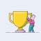 Winner concept. The man on the background of a large golden cup. Reward for labor. First place. Line style vector