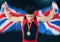 Winner, gymnastics or man with medal and British flag for fitness, sports victory or wellness success in gym