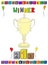 Winner lettering A4 Page award for kids with alphabet blocks, winner cup and medal podium