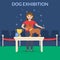 Winner pedestal. Puppy wining a dog show, pet on the first place. Doggy champion medal, competition platform vector illustration