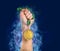 Winner raising hand with gold medal surrounded by fume and shatters on blue background, closeup