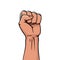Winner rised clenched fist. Logo label design, concept of win. Human hand up in the air. Back side. Vector illustration