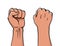 Winner rised clenched fist. Logo label design, concept of win. Two human hand up in the air. Vector illustration