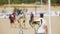 the winner's cup. gold cups. close-up. background blurred. team ball game, at the beach stadium, on a sunny summer day