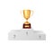 The winner`s cup. White winners podium. Pedestal. Realistic gold cup. Vector illustration