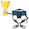 Winner Soccer Ball Faceless Cartoon Character With Sunglasses Holding A Golden Trophy Cup