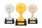 Winner sphere awards set, gold silver bronze trophy cups on stands with empty plates