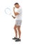 Winner, tennis sports and celebration of man in studio isolated on white background for exercise. Winning, achievement