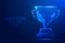 Winner trophy cup on a blue abstract background. Low poly wireframe digital banner. Linear and polygonal 3D concept.