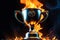 Winner trophy engulfed in vibrant flames, center-focused with a lens blur effect, creating an indistinct and dynamic glow