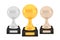 Winner volleyball awards set, gold silver bronze trophy cups on stands with empty plates