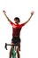 Winner. Young happy man in sportswear, helmet and goggles, sitting on bicycle isolated over white studio background