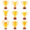Winners gold cups. Set of different golden bowls champion award trophy. Vector cup sign.