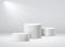 Winners pedestal. White 3d geometric studio podium with spotlights. Empty pedestals vector isolated illustration