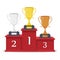 Winners podium with gold, silver and bronze cups. Pedestal. Stage for awards ceremony. Champions info graphic elements