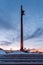 Winners Square in Victory Park on Poklonnaya Hill in winter sunset. Monument, Obelisk of Victory.