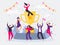 Winners team. Happy people win golden cup, successful champions dancing and celebrating victory flat vector illustration