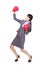 Winning business woman wearing boxing gloves