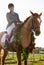 A winning pair. an attractive young female jockey sitting on her horses back in the winners circle.