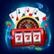 Winning slot machine, playing cards and roulette wheel fly casino