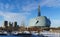 Winnipeg downtown cityscape. Winter view on Canadian Museum for Human Rights seen from The Forks park. Winnipeg