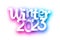 Winter 2023 blue and purple neon like sign on white background