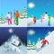 Winter active holidays concept. Family healthy lifestyle Mountain skiers and playing children. elements. Winter