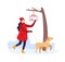 Winter activities. Girl walking with dog and feeding birds. Woman character in winter clothing with pet