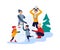 Winter activities. Happy family making snowman. Parents with children spending time in snowy park, recreation