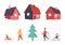 Winter Activities People and Houses Set Vector