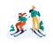 Winter activities. People skiing. Couple spending time together actively outdoor, having leisure with equipment