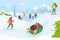 Winter activity with outdoor snow, vector illustration. Flat man woman people character rest at holiday season, happy