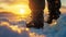 Winter Adventure: Close-Up of Snow Boots Against Sunset. Generative ai