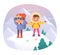 Winter adventure of kids, children standing on mountain top, looking through binoculars