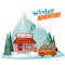Winter adventure poster with ski shop. Vector illustration