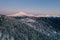 Winter aerial landscape of majestic Carpathian mountains. Background with sunset