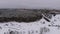 Winter aerial view of city, forest, frozen river. City park covered with snow.