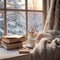 Winter aesthetic morning, warm knits, book, and a window view of snowy landscapes