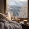 Winter aesthetic morning, warm knits, book, and a window view of snowy landscapes