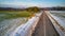 Winter Agricultural field under snow. Countryside road Aerial view. Lone pine tree near driveway