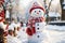 Winter atmospheric landscape with frost - covered, snow man and blurred bokeh, Winter Christmas background. Generative AI