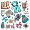 Winter or autumn essentials, vector color sketch illustration. Hand drawn fashion clothing, fall accessories, hot drinks