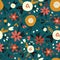 Winter autumn flowers and leaves seamless vector pattern. Christmas floral hand drawn background for holiday greeting