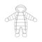 Winter baby overalls. Line art snow suit with hood. Baby clothing.