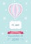 Winter baby shower template with hot air balloon, snowflakes, ribbon and decorative frame on the light blue dotted background.