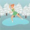 Winter background, cartoon woman skater vector illustration. Sport female active figure skating at ice, snow nature