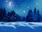 Winter background . Christmas and happy New Year greeting card with copy-space. Christmas night landscape with moon and fir