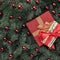 Winter background of fir branches. Adorned with red baubles and gift money. Christmas card. Top view