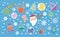 Winter banner with Christmas toys in sticker style, snowflakes, Santa Claus and deer