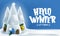 Winter Banner with Hello Winter Greeting Text and Three Snowy Trees in Snowy Woodland